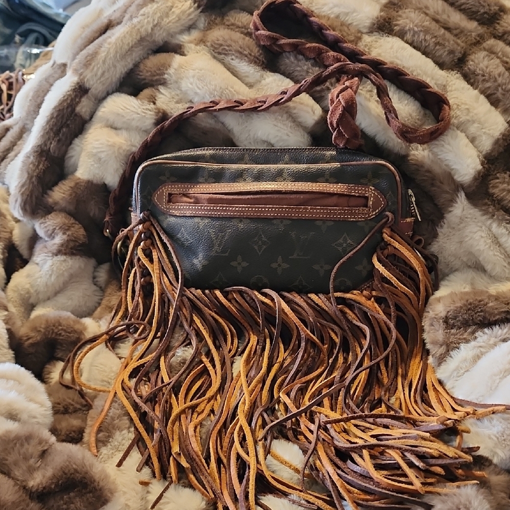 Vintage Boho Revamped Louis Vuitton Brown Leather Crossbody Bag